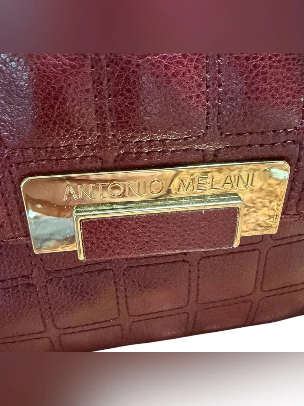 Antonio Melani Burgundy Leather Satchel Purse Gold Hardware Quilted Shoulder Bag
